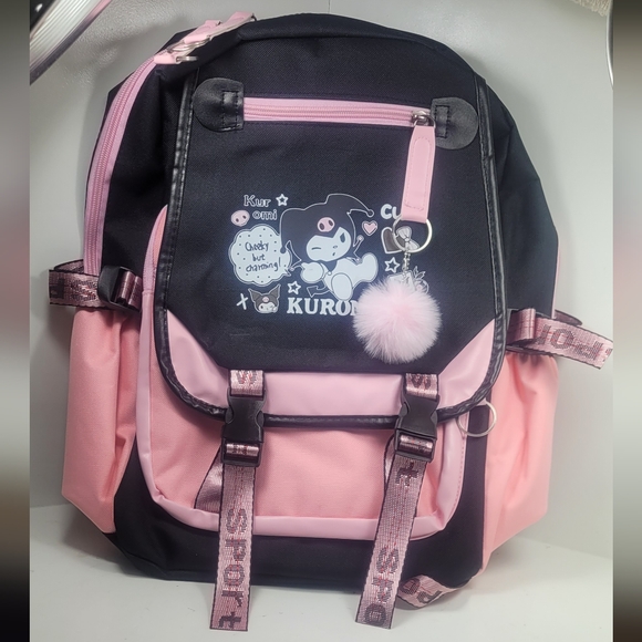 Kumori Cute Black and Pink Backpack with Keychain and charger - Picture 1 of 14